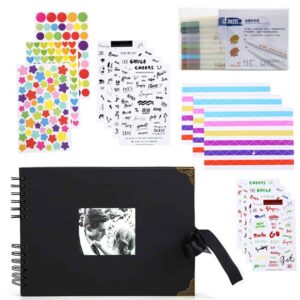 Scrapbook Album Kit Black - Gift Set - Hardcover Scrapbook Album, Metallic Pens, Decorative Stickers, Photo Mounting Stickers